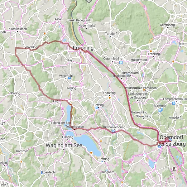 Mapa miniatúra "Cyklotrasa okolo rieky Salzach" cyklistická inšpirácia v Salzburg, Austria. Vygenerované cyklistickým plánovačom trás Tarmacs.app