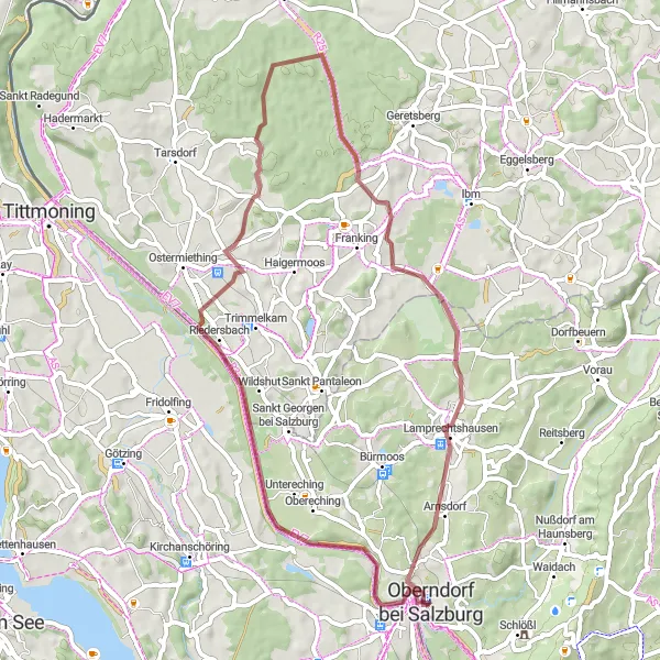 Miniatura della mappa di ispirazione al ciclismo "Percorso in bicicletta da strada a Oberndorf bei Salzburg" nella regione di Salzburg, Austria. Generata da Tarmacs.app, pianificatore di rotte ciclistiche