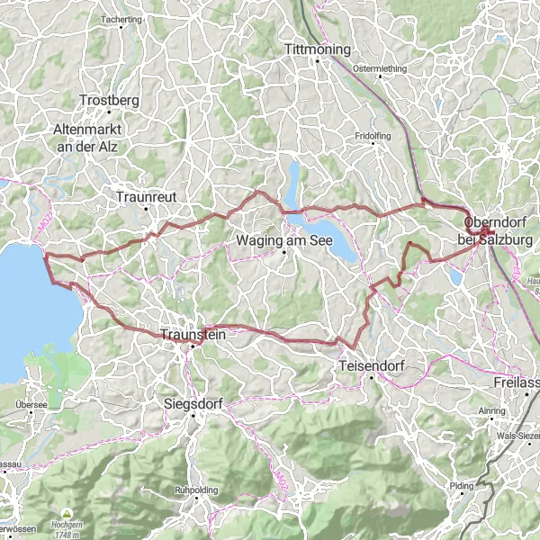 Miniatura della mappa di ispirazione al ciclismo "Tour in bicicletta attraverso paesaggi incantevoli vicino a Salisburgo" nella regione di Salzburg, Austria. Generata da Tarmacs.app, pianificatore di rotte ciclistiche