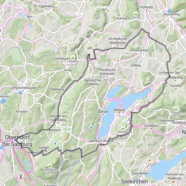 Miniatura della mappa di ispirazione al ciclismo "Giro panoramico da Oberndorf bei Salzburg" nella regione di Salzburg, Austria. Generata da Tarmacs.app, pianificatore di rotte ciclistiche