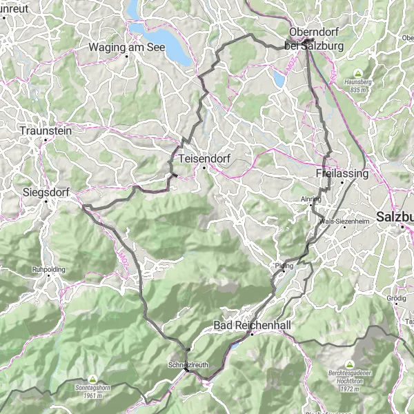 Miniatura della mappa di ispirazione al ciclismo "Tour ciclistico attraverso Bad Reichenhall e Inzell" nella regione di Salzburg, Austria. Generata da Tarmacs.app, pianificatore di rotte ciclistiche