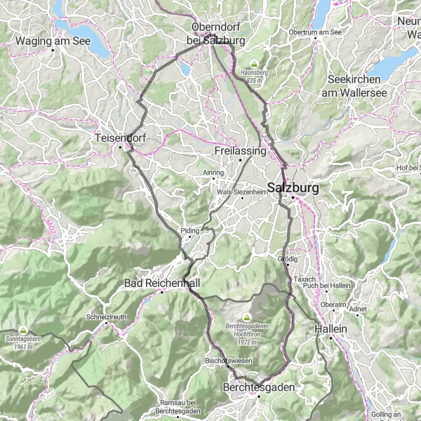 Miniature de la carte de l'inspiration cycliste "La belle route vers Oberndorf" dans la Salzburg, Austria. Générée par le planificateur d'itinéraire cycliste Tarmacs.app