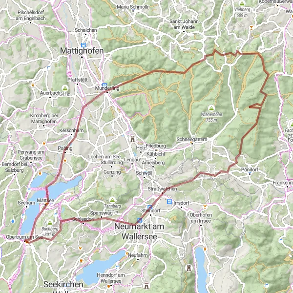 Miniatura della mappa di ispirazione al ciclismo "Percorso Gravel da Obertrum am See" nella regione di Salzburg, Austria. Generata da Tarmacs.app, pianificatore di rotte ciclistiche