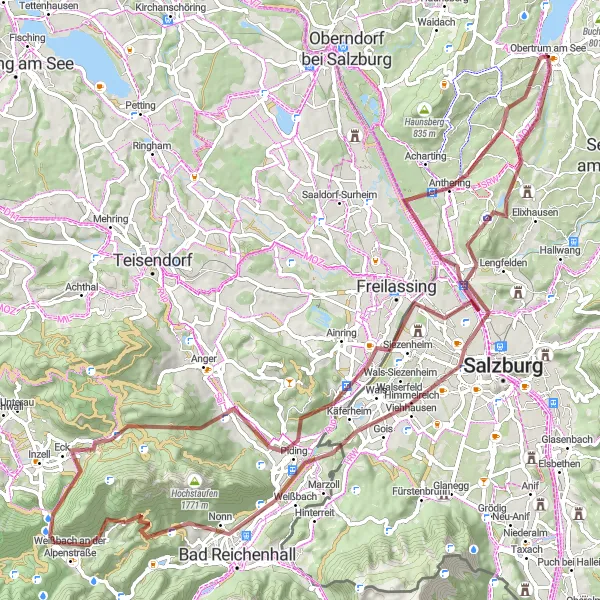 Kartminiatyr av "Spännande grusrunda i Salzburgs omgivningar" cykelinspiration i Salzburg, Austria. Genererad av Tarmacs.app cykelruttplanerare