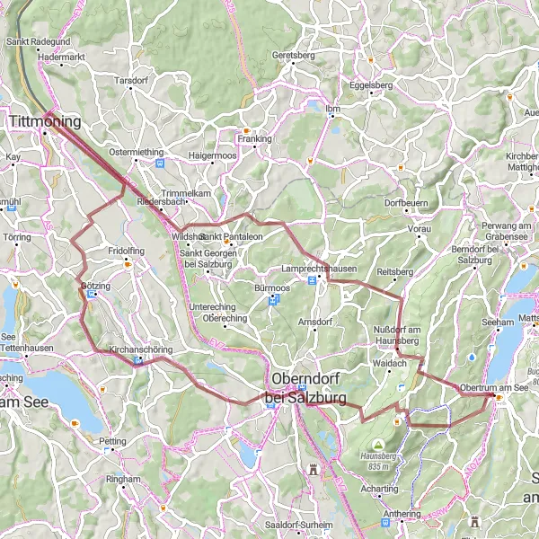 Mapa miniatúra "Gravel Road around Obertrum am See" cyklistická inšpirácia v Salzburg, Austria. Vygenerované cyklistickým plánovačom trás Tarmacs.app