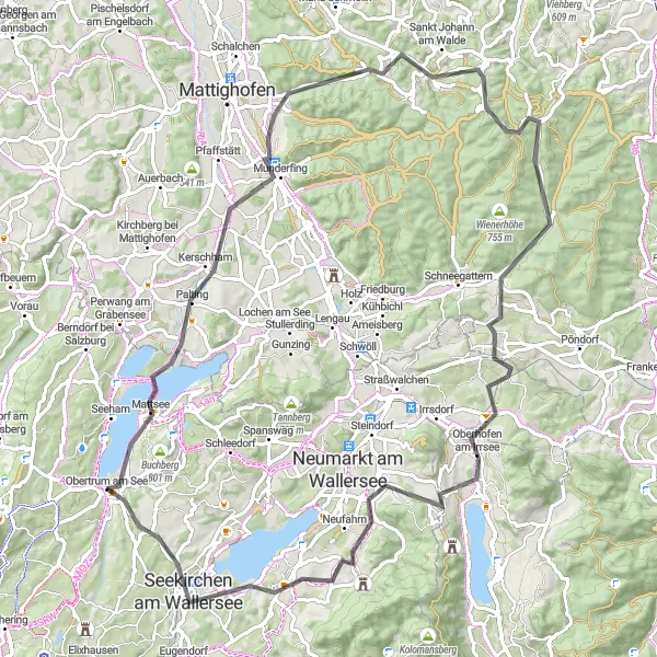Miniature de la carte de l'inspiration cycliste "Le tour des lacs de la région de Salzbourg" dans la Salzburg, Austria. Générée par le planificateur d'itinéraire cycliste Tarmacs.app