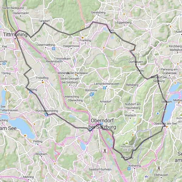 Karten-Miniaturansicht der Radinspiration "Auf den Spuren von Oberndorf und Laufen" in Salzburg, Austria. Erstellt vom Tarmacs.app-Routenplaner für Radtouren