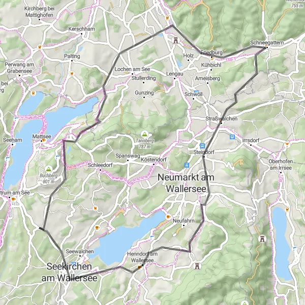 Miniatura della mappa di ispirazione al ciclismo "Giro in bicicletta panoramico attraverso Wichenham e Ratzer" nella regione di Salzburg, Austria. Generata da Tarmacs.app, pianificatore di rotte ciclistiche