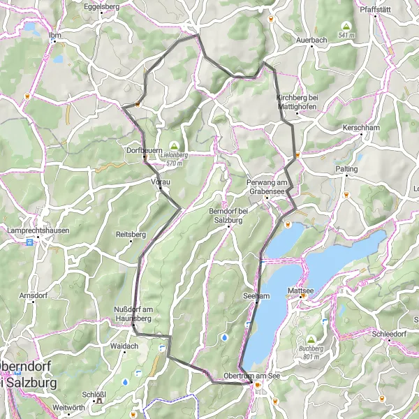 Karttaminiaatyyri "Nußdorf - Obertrum am See Road Bike Route" pyöräilyinspiraatiosta alueella Salzburg, Austria. Luotu Tarmacs.app pyöräilyreittisuunnittelijalla