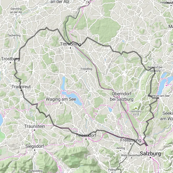 Miniatua del mapa de inspiración ciclista "Ruta de ciclismo de carretera por la región de Salzburgo" en Salzburg, Austria. Generado por Tarmacs.app planificador de rutas ciclistas