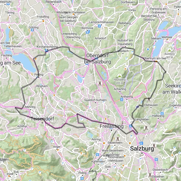 Miniatura della mappa di ispirazione al ciclismo "Ciclovia Obertrum am See - Scoprire la bellezza della regione" nella regione di Salzburg, Austria. Generata da Tarmacs.app, pianificatore di rotte ciclistiche