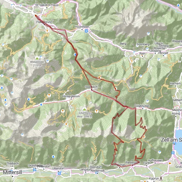 Miniatua del mapa de inspiración ciclista "Aventura de 94 km por caminos de grava desde Piesendorf" en Salzburg, Austria. Generado por Tarmacs.app planificador de rutas ciclistas