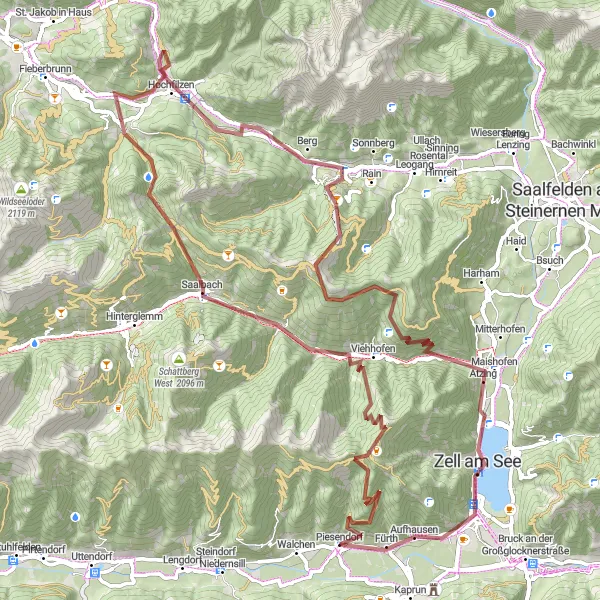 Miniatura della mappa di ispirazione al ciclismo "Itinerario in mountain bike da Piesendorf a Fürth" nella regione di Salzburg, Austria. Generata da Tarmacs.app, pianificatore di rotte ciclistiche