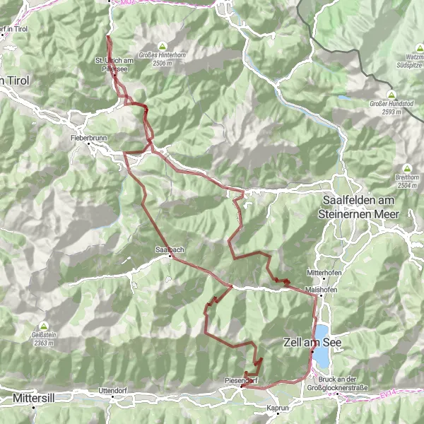 Miniatua del mapa de inspiración ciclista "Ruta emocionante de gravel desde Piesendorf a Fürth" en Salzburg, Austria. Generado por Tarmacs.app planificador de rutas ciclistas