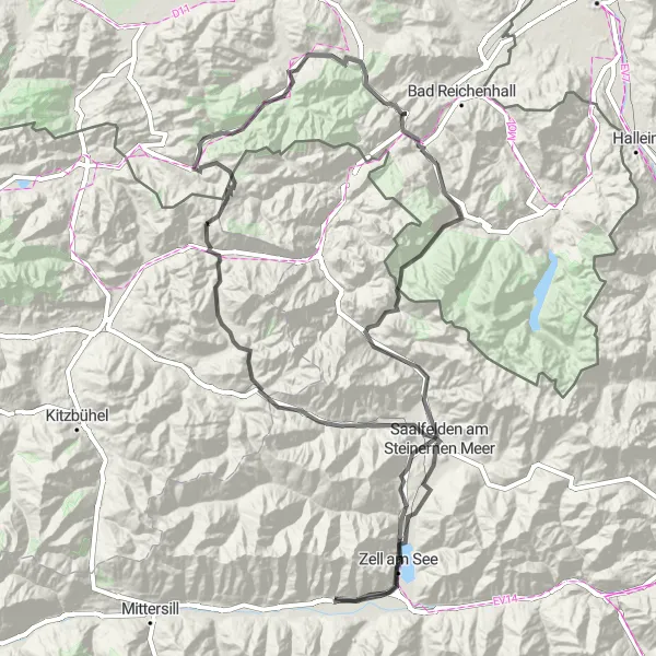 Miniatua del mapa de inspiración ciclista "Desafío de 174 km por carretera desde Piesendorf" en Salzburg, Austria. Generado por Tarmacs.app planificador de rutas ciclistas