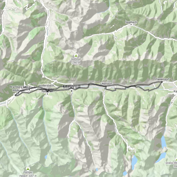 Miniaturní mapa "Road to Wild" inspirace pro cyklisty v oblasti Salzburg, Austria. Vytvořeno pomocí plánovače tras Tarmacs.app