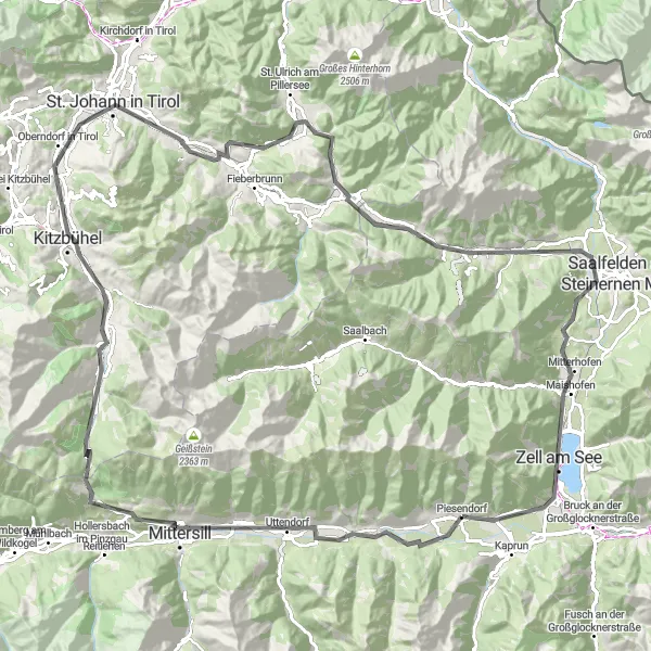 Miniatua del mapa de inspiración ciclista "Ruta de ciclismo de carretera Piesendorf-Kaprun" en Salzburg, Austria. Generado por Tarmacs.app planificador de rutas ciclistas