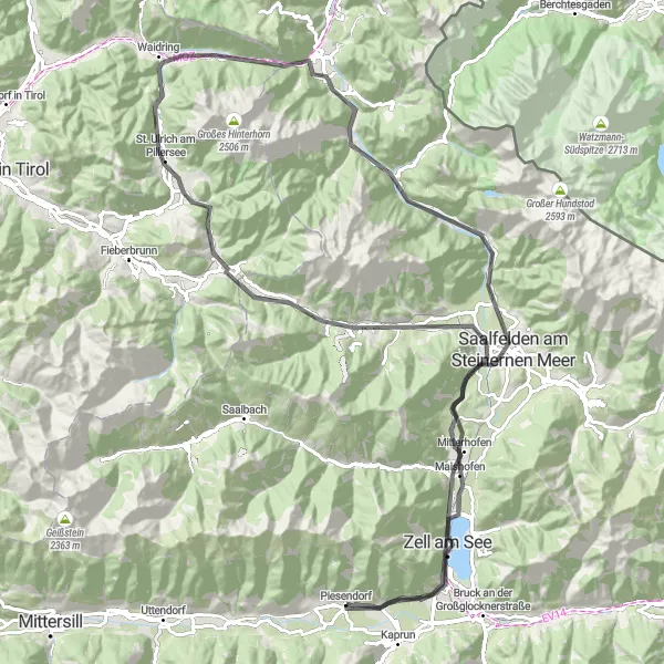 Mapa miniatúra "Cestný okruh okolo Zell am See" cyklistická inšpirácia v Salzburg, Austria. Vygenerované cyklistickým plánovačom trás Tarmacs.app