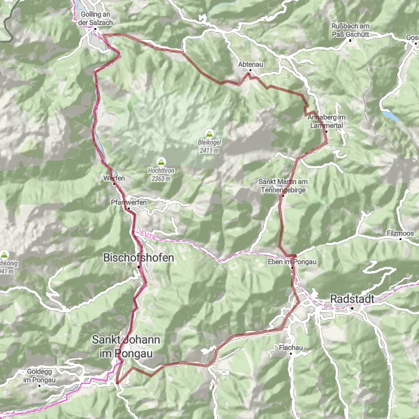 Miniature de la carte de l'inspiration cycliste "Epic Gravel Tour to Lungötz" dans la Salzburg, Austria. Générée par le planificateur d'itinéraire cycliste Tarmacs.app