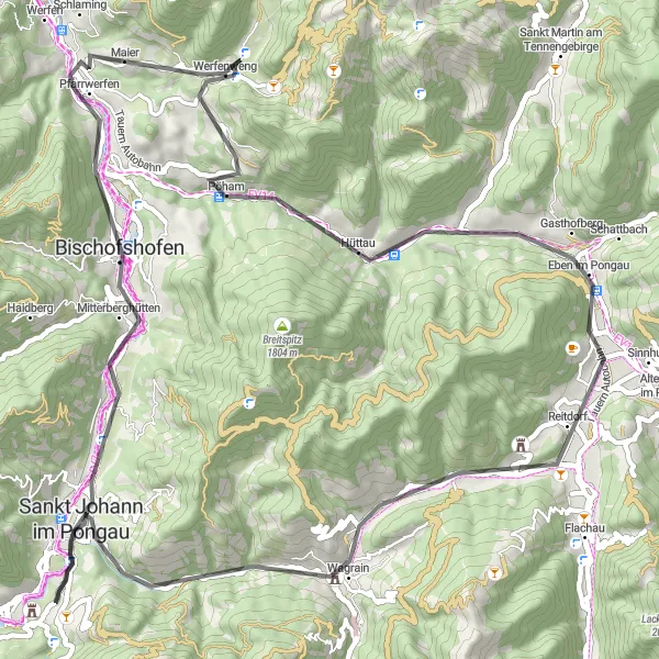 Zemljevid v pomanjšavi "Umetnost uživanja v naravi" kolesarske inspiracije v Salzburg, Austria. Generirano z načrtovalcem kolesarskih poti Tarmacs.app