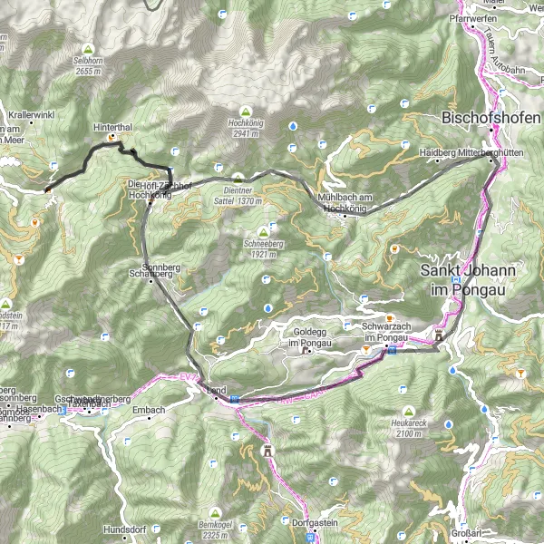 Kartminiatyr av "Høydepunkter i Pongau på Landeveien" sykkelinspirasjon i Salzburg, Austria. Generert av Tarmacs.app sykkelrutoplanlegger