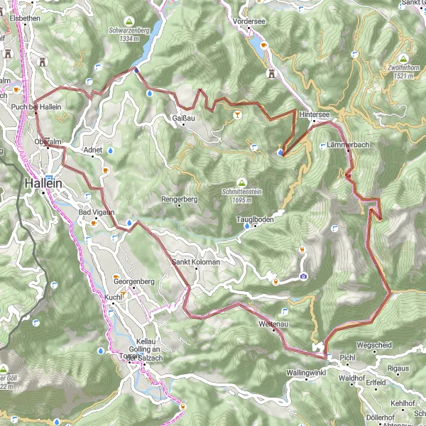 Miniatura della mappa di ispirazione al ciclismo "Percorso in bicicletta gravel da Puch bei Hallein" nella regione di Salzburg, Austria. Generata da Tarmacs.app, pianificatore di rotte ciclistiche