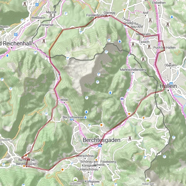 Zemljevid v pomanjšavi "Ramsau bei Berchtesgaden Gravel Loop" kolesarske inspiracije v Salzburg, Austria. Generirano z načrtovalcem kolesarskih poti Tarmacs.app