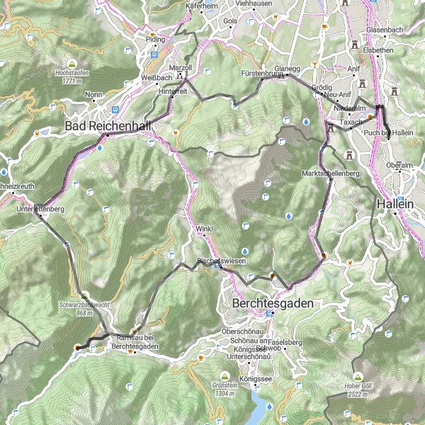 Mapa miniatúra "Marktschellenberg - Kiliansberg - Ramsau bei Berchtesgaden - Kogel - Bad Reichenhall - Dötzenkopf - Großgmainberg - Grödig" cyklistická inšpirácia v Salzburg, Austria. Vygenerované cyklistickým plánovačom trás Tarmacs.app