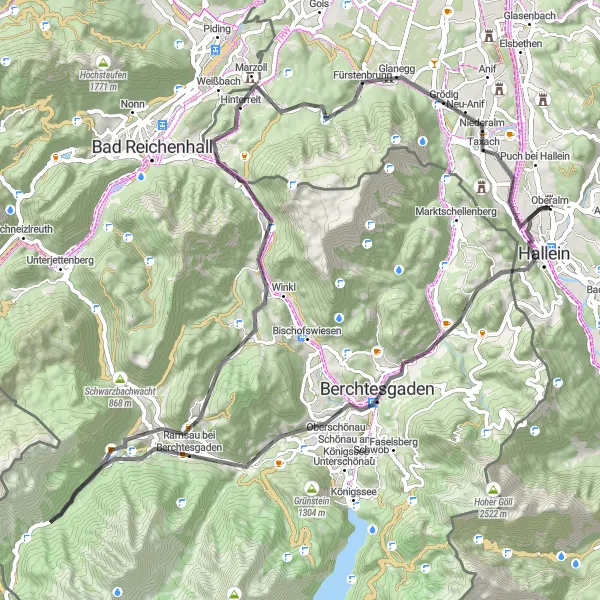 Miniature de la carte de l'inspiration cycliste "La Route de Berchtesgaden et Großgmainberg" dans la Salzburg, Austria. Générée par le planificateur d'itinéraire cycliste Tarmacs.app