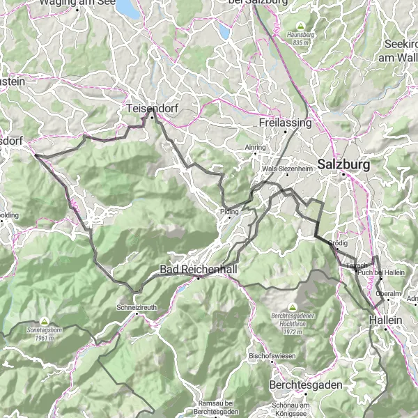 Miniatura della mappa di ispirazione al ciclismo "Sentiero ciclabile di 108 km da Puch bei Hallein" nella regione di Salzburg, Austria. Generata da Tarmacs.app, pianificatore di rotte ciclistiche