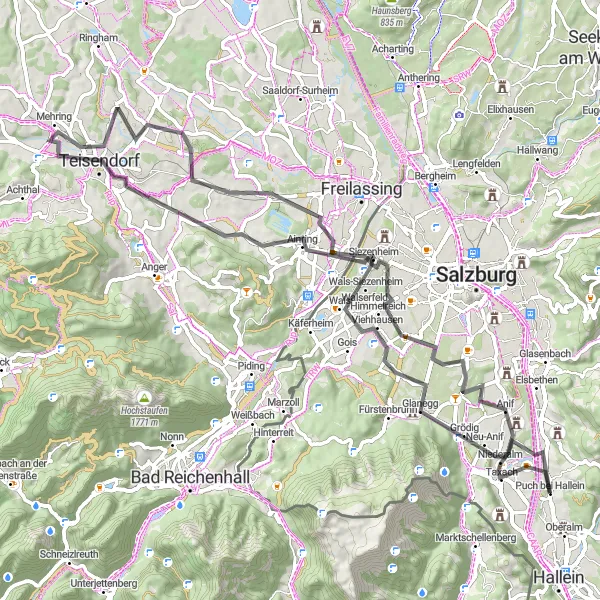 Map miniature of "Exploring the Countryside of Anif" cycling inspiration in Salzburg, Austria. Generated by Tarmacs.app cycling route planner