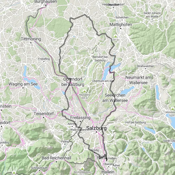 Karttaminiaatyyri "Salzburg - Mattighofen Road Cycling Challenge" pyöräilyinspiraatiosta alueella Salzburg, Austria. Luotu Tarmacs.app pyöräilyreittisuunnittelijalla