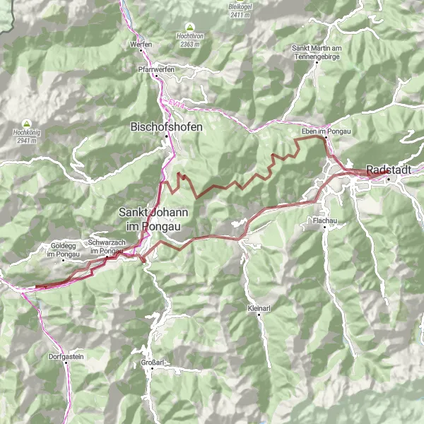 Miniatura della mappa di ispirazione al ciclismo "Giro Gravel delle Cascate e dei Monti" nella regione di Salzburg, Austria. Generata da Tarmacs.app, pianificatore di rotte ciclistiche