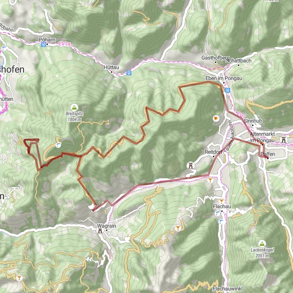 Mapa miniatúra "Scenic Gravel Ride to Eben im Pongau and Palfen" cyklistická inšpirácia v Salzburg, Austria. Vygenerované cyklistickým plánovačom trás Tarmacs.app
