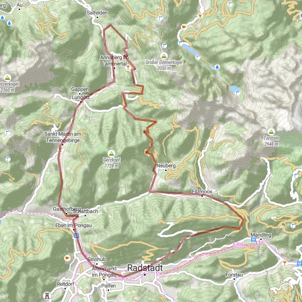 Map miniature of "Pongau Gravel Escape" cycling inspiration in Salzburg, Austria. Generated by Tarmacs.app cycling route planner