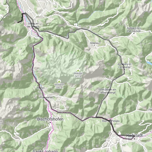 Miniatura della mappa di ispirazione al ciclismo "Da Hüttau a Radstadt" nella regione di Salzburg, Austria. Generata da Tarmacs.app, pianificatore di rotte ciclistiche