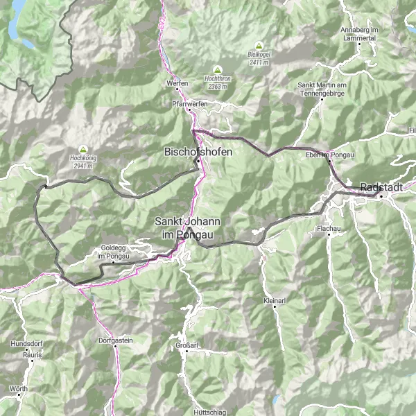 Mapa miniatúra "Epic Road Cycling Tour to Dienten am Hochkönig and Hüttau" cyklistická inšpirácia v Salzburg, Austria. Vygenerované cyklistickým plánovačom trás Tarmacs.app