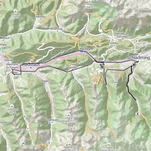 Mapa miniatúra "Road Cycling Excursion to Schladming and Brand" cyklistická inšpirácia v Salzburg, Austria. Vygenerované cyklistickým plánovačom trás Tarmacs.app