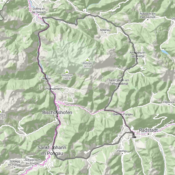 Miniatua del mapa de inspiración ciclista "Recorrido panorámico a través de las montañas" en Salzburg, Austria. Generado por Tarmacs.app planificador de rutas ciclistas