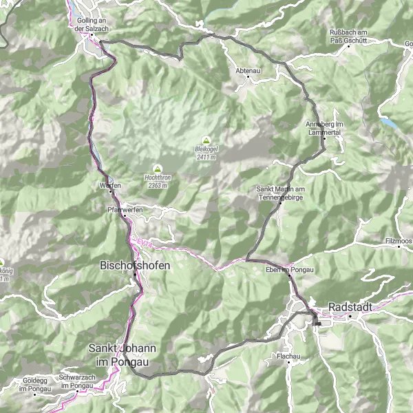 Miniatura della mappa di ispirazione al ciclismo "Avventura in bicicletta tra Pass Lueg e Altenmarkt im Pongau" nella regione di Salzburg, Austria. Generata da Tarmacs.app, pianificatore di rotte ciclistiche