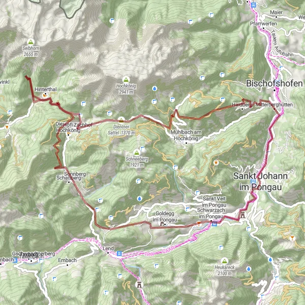 Kartminiatyr av "Gravelrute gjennom Schwarzach im Pongau og Dienten am Hochkönig" sykkelinspirasjon i Salzburg, Austria. Generert av Tarmacs.app sykkelrutoplanlegger