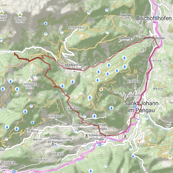 Mapa miniatúra "Gravelová trasa Sankt Veit im Pongau - Sankt Johann im Pongau" cyklistická inšpirácia v Salzburg, Austria. Vygenerované cyklistickým plánovačom trás Tarmacs.app