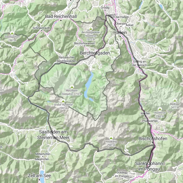 Mapa miniatúra "Road Reinbach - Berchtesgaden - Sankt Johann im Pongau" cyklistická inšpirácia v Salzburg, Austria. Vygenerované cyklistickým plánovačom trás Tarmacs.app