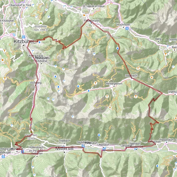 Karttaminiaatyyri "Pinzgau Gravel Challenge" pyöräilyinspiraatiosta alueella Salzburg, Austria. Luotu Tarmacs.app pyöräilyreittisuunnittelijalla