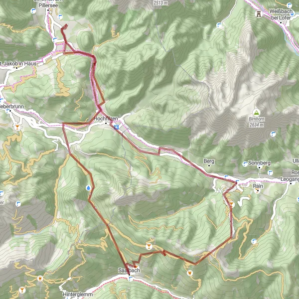 Mapa miniatúra "Gravelova cyklotrasa okolo Saalbachu" cyklistická inšpirácia v Salzburg, Austria. Vygenerované cyklistickým plánovačom trás Tarmacs.app