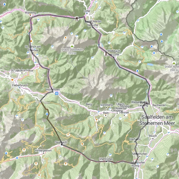 Mapa miniatúra "Okrúhla cestná trasa okolo Saalbach (Salzburg, Rakúsko)" cyklistická inšpirácia v Salzburg, Austria. Vygenerované cyklistickým plánovačom trás Tarmacs.app