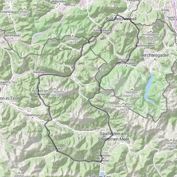 Miniatura della mappa di ispirazione al ciclismo "Giro Strada Hochfilzen - Vorderglemm" nella regione di Salzburg, Austria. Generata da Tarmacs.app, pianificatore di rotte ciclistiche