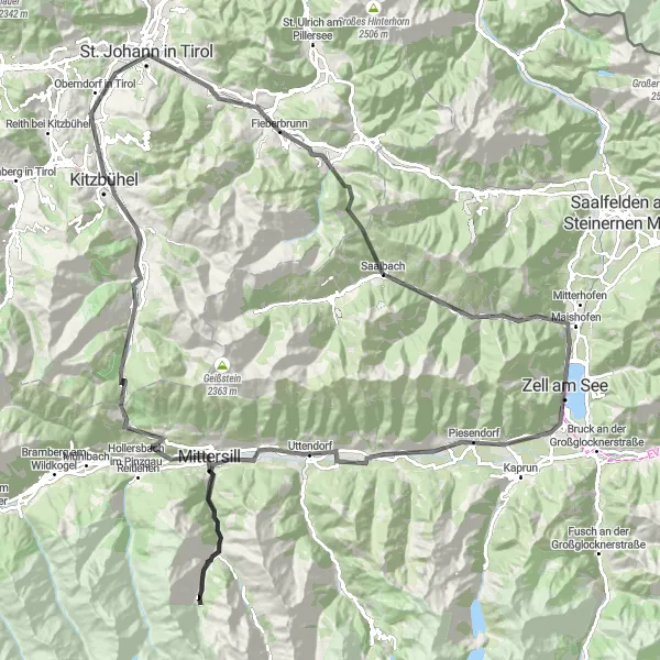 Miniatura della mappa di ispirazione al ciclismo "Grande giro in bicicletta da Zell am See a Kleberkopf" nella regione di Salzburg, Austria. Generata da Tarmacs.app, pianificatore di rotte ciclistiche