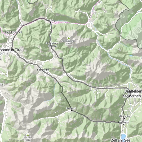 Karttaminiaatyyri "Saalbach - Fieberbrunn - Maishofen Loop" pyöräilyinspiraatiosta alueella Salzburg, Austria. Luotu Tarmacs.app pyöräilyreittisuunnittelijalla