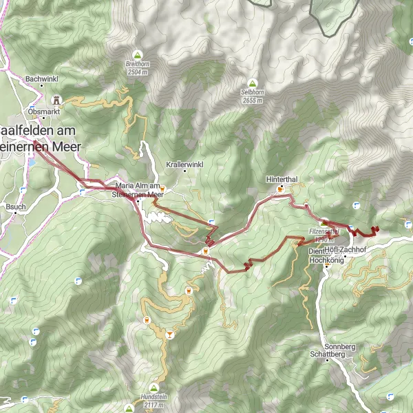 Map miniature of "Saalfelden Gravel Loop" cycling inspiration in Salzburg, Austria. Generated by Tarmacs.app cycling route planner